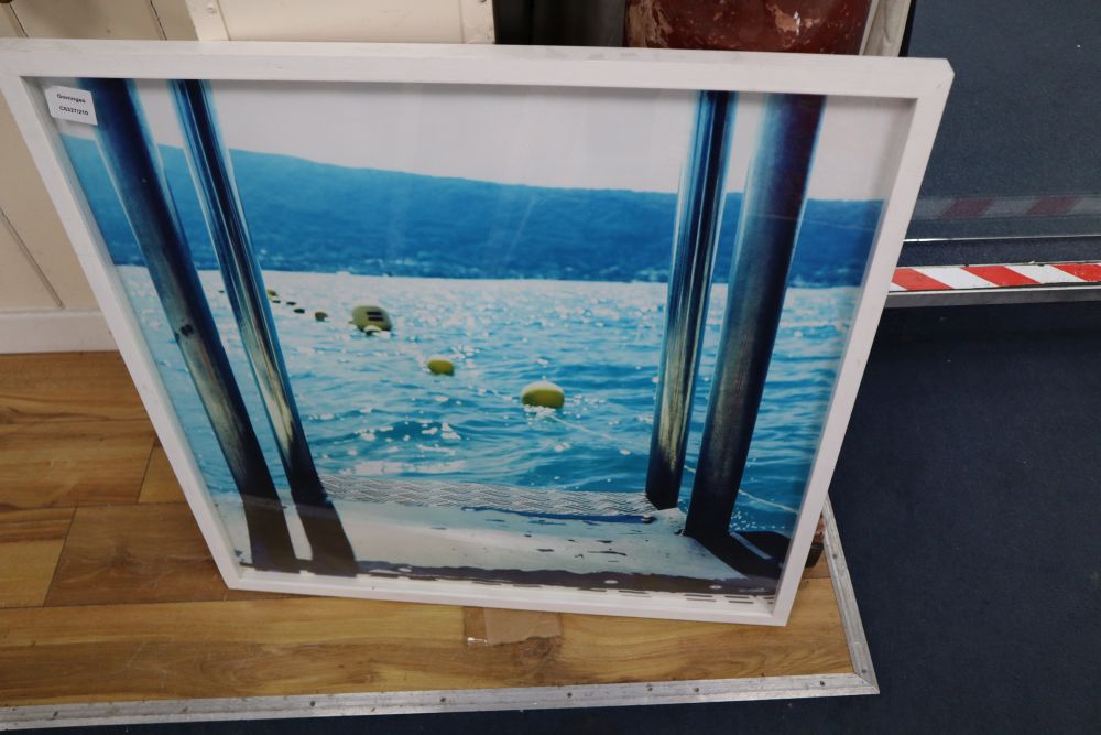 A set of three modern photographic prints, Beach Bar, Diver and Buoys, 72.5 x 72.5cm and two Rugby related photographs